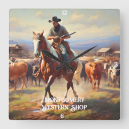 Cowboy Herding Cattle on Horseback Quadratische Wanduhr