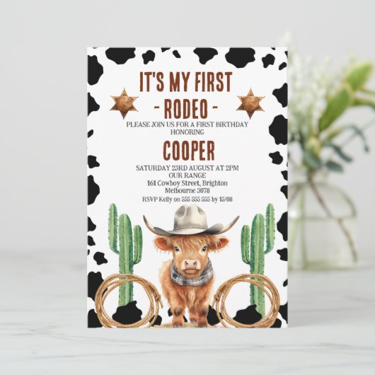 Cowboy Highland Cow meine erste Rodeo 1. Geburtsta Einladung (Stehend Vorderseite)