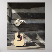 Cowboy-Hut auf Gitarre, die sich auf der Blockhütt Poster (Vorne)