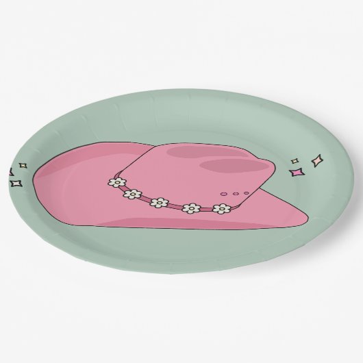 Cowboy Hut, pink und grün Pappteller (Schrägansicht)