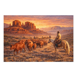 Cowboy hütet Kühe bei Sonnenuntergang Fotodruck