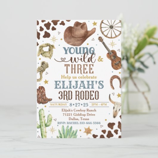 Cowboy Invitation, Young Wild und Three, 3rd Rodeo Einladung (Stehend Vorderseite)