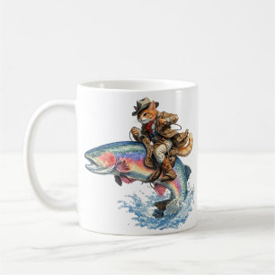 Cowboy-Katze reitet auf Regenbogenforelle Rodeo Kaffeetasse