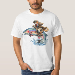 Cowboy-Katze reitet auf Regenbogenforelle Rodeo T-Shirt