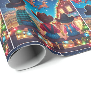 Cowboy-Kinder auf dem Zaun Santa fliegt über die S Geschenkpapier