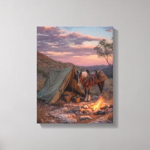 Cowboy-Lagerfeuer-Sonnenuntergang-Pferd-Gemälde Leinwanddruck