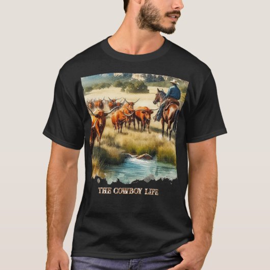 Cowboy Live Long Horn Cattle Roundup T-Shirt (Vorderseite)