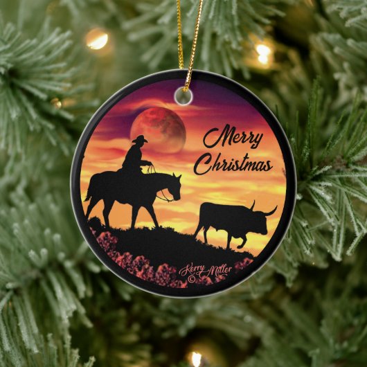 Cowboy & Longhorn Steer Weihnachtsdekoration Keram Keramik Ornament (Baum)