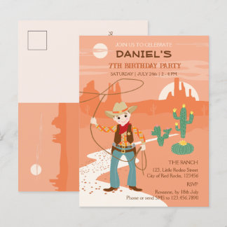 Cowboy mit einer Lasso und einem Kakteen-Kindergeb Einladungspostkarte