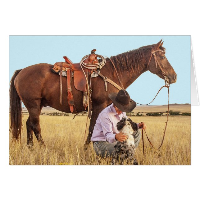 Cowboy mit Pferd- und Hundeausweis Western Card (Vorderseite (Horizontal))