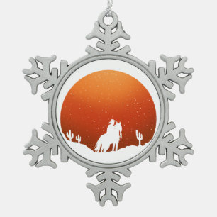 Cowboy mit Pferd Wilder West Sonnenuntergang Lands Schneeflocken Zinn-Ornament