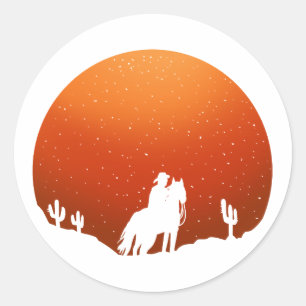 Cowboy mit Pferd Wildwest-Sonnenuntergangslandscha Runder Aufkleber