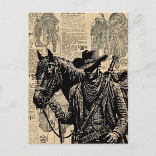Cowboy mit Pferdesattel Western Art Postkarte (Vorderseite)