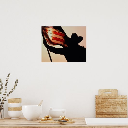 Cowboy mit US Flagge, Silhouette Poster (Küche)