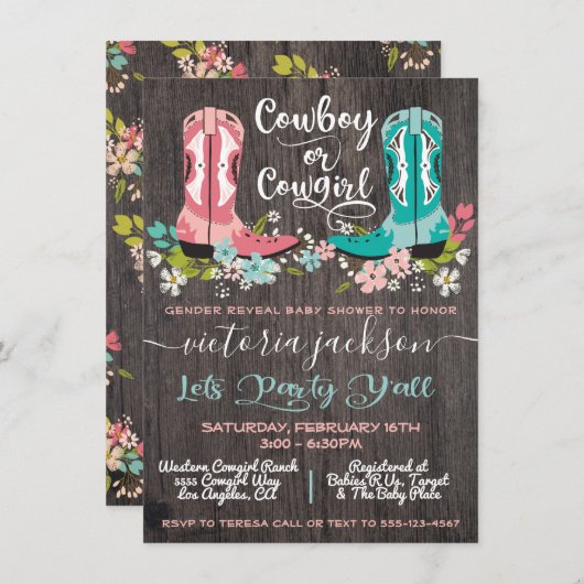 Cowboy oder Cowgirl Baby Shower Gender Reveal Einladung (Vorne/Hinten)
