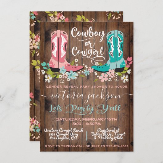 Cowboy oder Cowgirl Baby Shower Gender Reveal Invi Einladung (Vorne/Hinten)