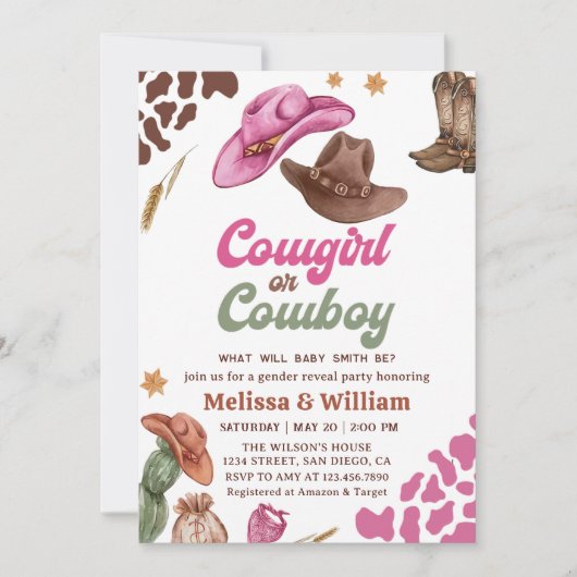Cowboy oder Cowgirl Gender Reveal Baby Dusche Einladung (Vorderseite)