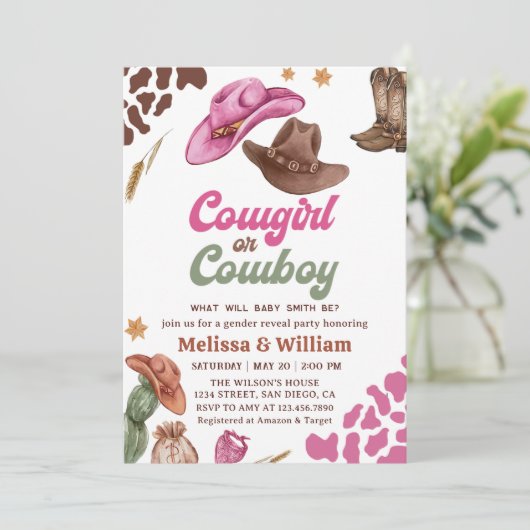 Cowboy oder Cowgirl Gender Reveal Baby Dusche Einladung (Stehend Vorderseite)