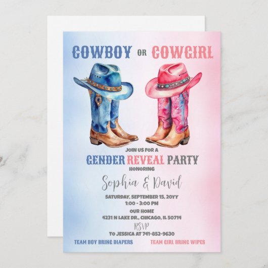 Cowboy oder Cowgirl Gender Reveal Party Einladung (Vorne/Hinten)