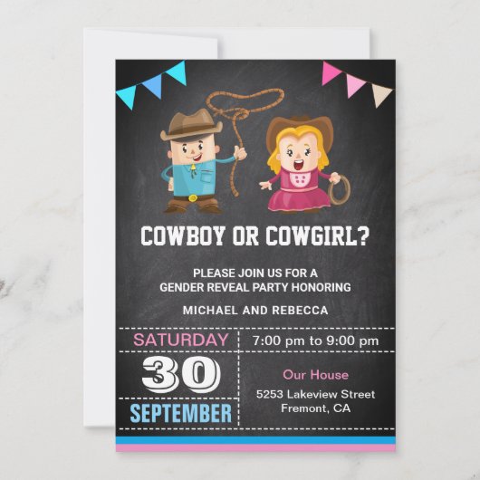 Cowboy oder Cowgirl Gender Reveal Party Einladung (Vorderseite)