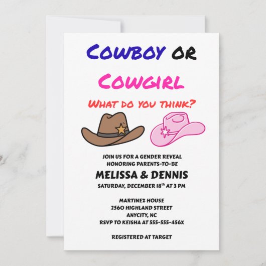 Cowboy oder Cowgirl Geschlecht offenbaren Party Einladung (Vorderseite)