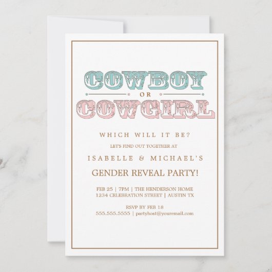 Cowboy-oder Cowgirl-Land-Baby-Geschlecht decken Einladung (Vorderseite)