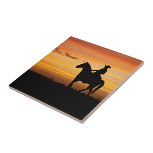 Cowboy-oder Cowgirl-Reitpferd im Sonnenuntergang Fliese (Seite)
