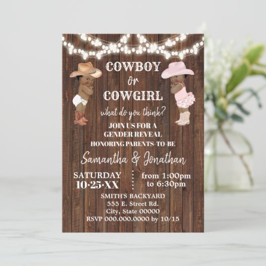 Cowboy oder Cowgirl Western Gender Reveal Dusche Einladung (Stehend Vorderseite)