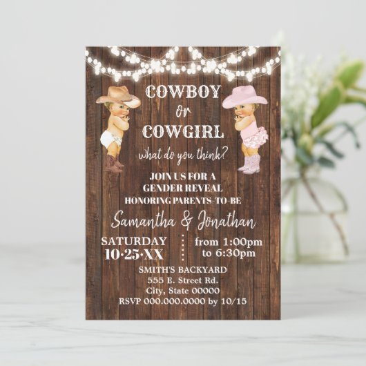 Cowboy oder Cowgirl Western Gender Reveal Dusche Einladung (Stehend Vorderseite)