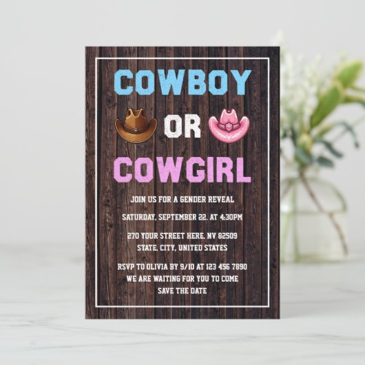 Cowboy oder Cowgirl Western Gender Reveal Einladung (Stehend Vorderseite)