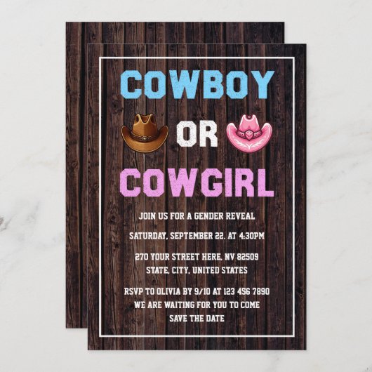 Cowboy oder Cowgirl Western Gender Reveal Einladung (Vorne/Hinten)