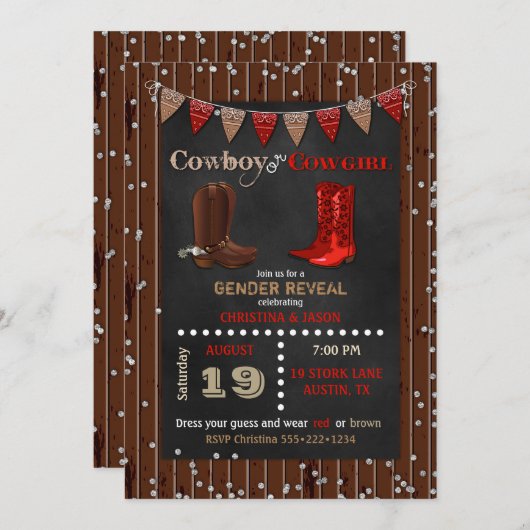 Cowboy oder Cowgirl Western Gender Reveal Red Brow Einladung (Vorne/Hinten)