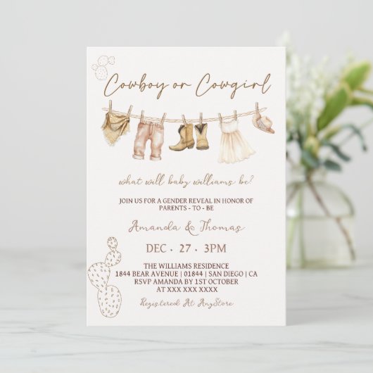 Cowboy oder Cowgirl Western Gender Reveve Einladun Einladung (Stehend Vorderseite)