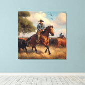 Cowboy on Bay Horse Leinwanddruck (Insitu (Holzboden))