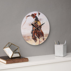 Cowboy on Bucking Bronco Große Wanduhr