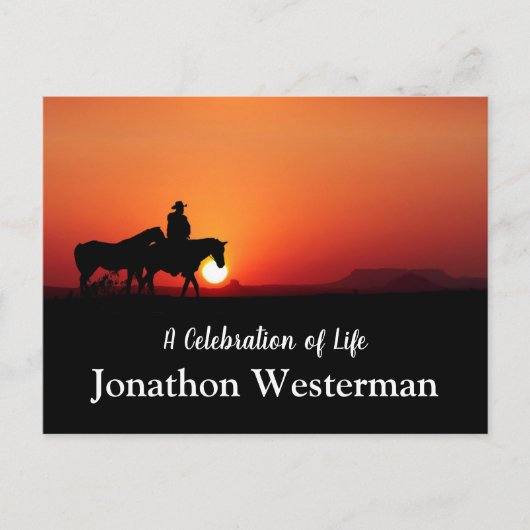 Cowboy-Pferd bei Sonnenuntergang Feier des Lebens Postkarte (Vorderseite)