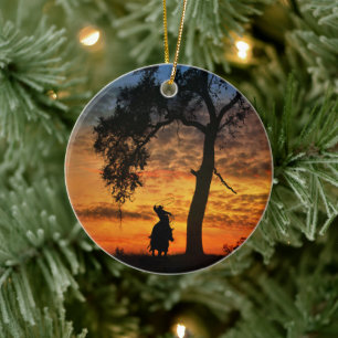 Cowboy Pferd und Eichenbaum Steer Roping Keramik Ornament