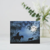 Cowboy Pferd und Lenker mit Vollmond Winter Postkarte (Stehend Vorderseite)