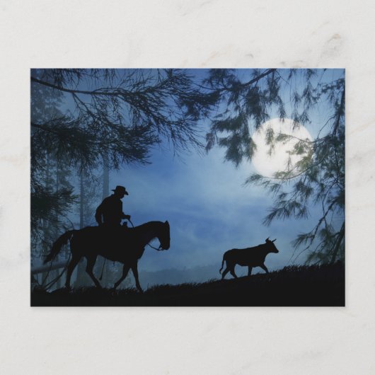 Cowboy Pferd und Lenker mit Vollmond Winter Postkarte (Vorderseite)