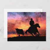 Cowboy Pferd und Steer Roping im Sonnenuntergang Postkarte (Vorne/Hinten)