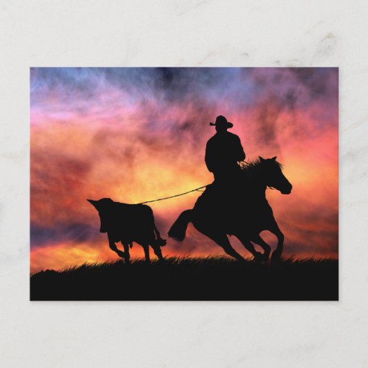 Cowboy Pferd und Steer Roping im Sonnenuntergang Postkarte (Vorderseite)