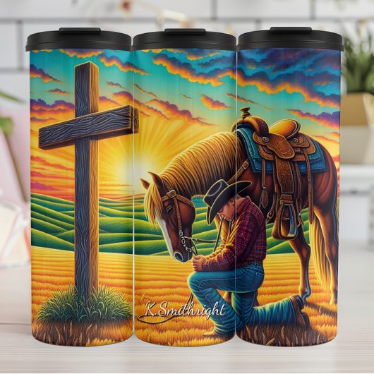 Cowboy Praying Horse Cross Sunset Thermosbecher