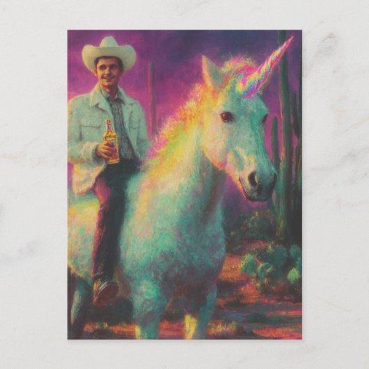 Cowboy reist ein Einhorn in der surrealen Wüste Postkarte (Vorderseite)
