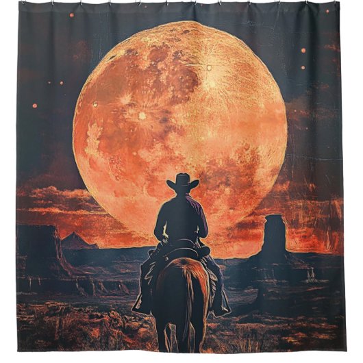 Cowboy-Reiten in Richtung Orange Vollmond Duschvorhang (Vorderseite)