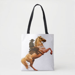 Cowboy reitet auf einem weißen Pferd auf einer Sch Tasche