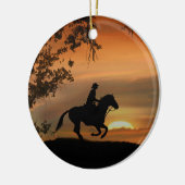 Cowboy Reitpferd im Sonnenuntergang Keramik Ornament (Links)