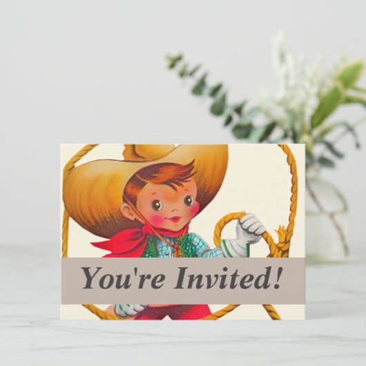 Cowboy Retro Boy Kind Niedlicher Western Einladung (Stehend Vorderseite)