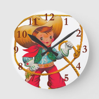 Cowboy Retro Boy Kind Niedlicher Western Runde Wanduhr