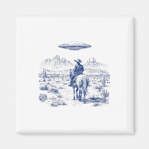 Cowboy Riding Horse Ufo Oberhalb der Wüste Cactus Magnet