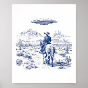 Cowboy Riding Horse Ufo Oberhalb der Wüste Cactus  Poster